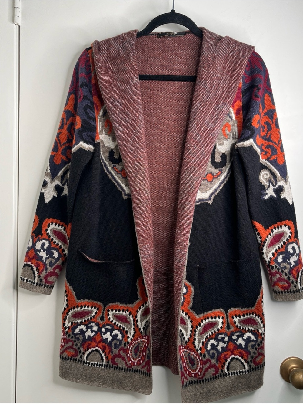 Max sport tapestry print hooded cardigan sweater med wool blend boho lagenlook
